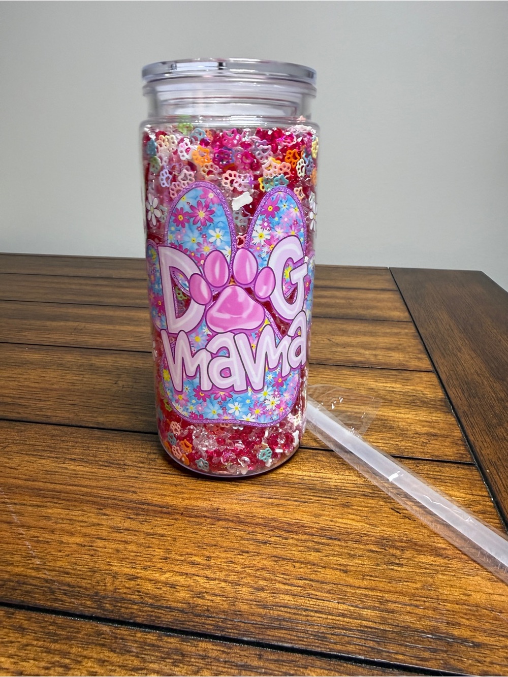 Dog Mama  Glitter Pink  Paw Print Tumbler Lid Straw 16oz